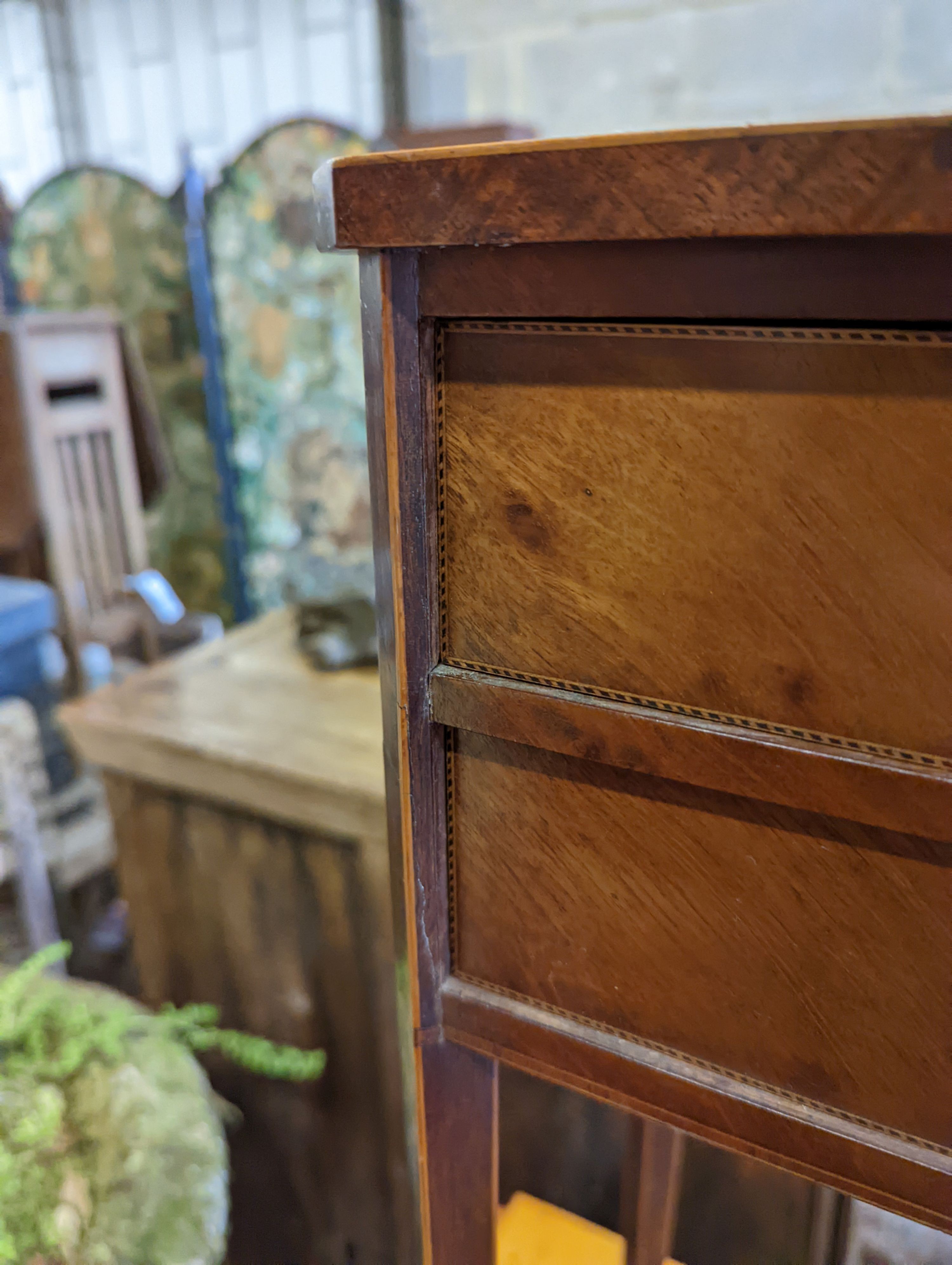 A pair of Sheraton revival inlaid mahogany two drawer bedside tables, width 30cm, height 67cm